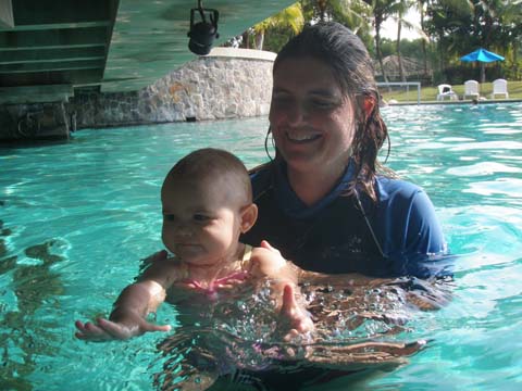 with mum in the pool